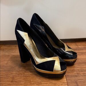 Jeffrey Campbell Black and Gold Heels